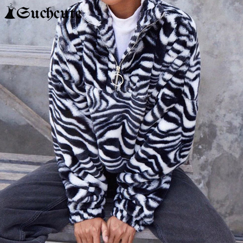 

Women's Jackets Fur Coats For Women Zebra Pattern Y2K Jacket Modis Longslive Zipper Casual Warm Winter Harajuku Coat Female 4GSZ, Black
