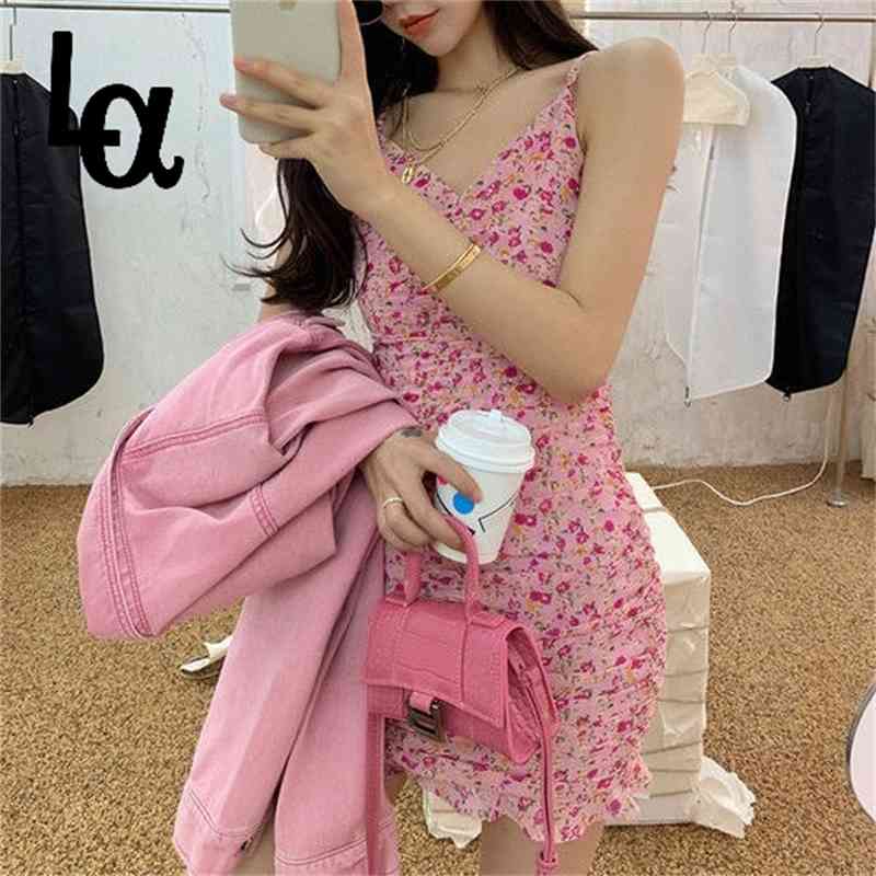 

Summer Pink Floral Print Strap Dress Women Sweet Elegant Shirring Sexy Kawaii High Street Party Mini 210519