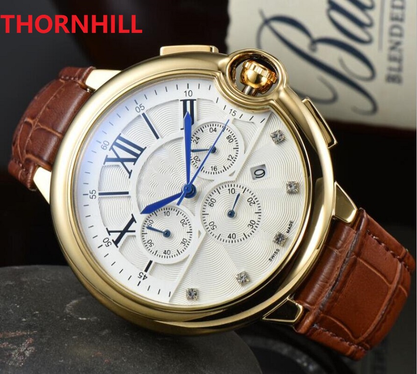 

Mens Full Functional Watches 42mm Japanese movement Quartz full-featured waterproof men crime priemum leather Wristwatch super bright orologio di lusso, As pic