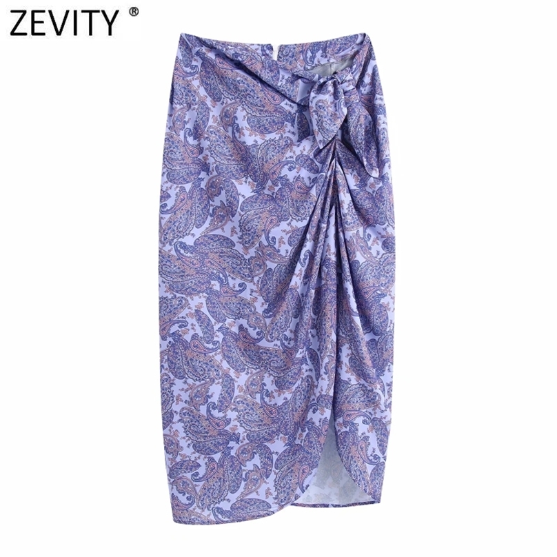 

Zevity Women Vintage Cashew Nuts Print Hem Irregular Sarong Skirt Faldas Mujer Female Bowknot Back Zipper Casual QUN800 210629, As pic qun800bb