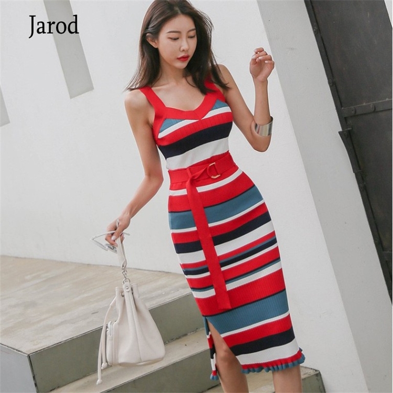 

Summer Women's Colorful Striped Knitted Suit Spaghetti straps Sweater Vest Crop Top + pencil Skirt Two-piece Set 210519