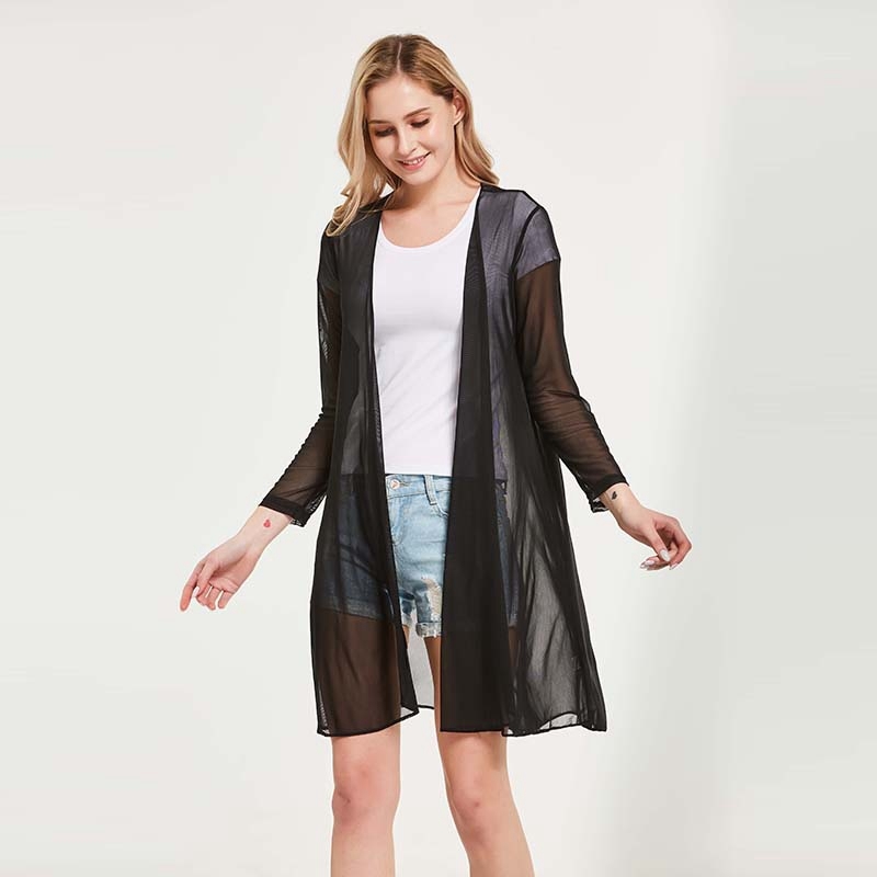 

Fashion Women Mesh Long Sleeve Sun Clothes Spring Summer Cardigan Shirt Loose Vacation Beach Open Stitch XZ2304 210525, Black