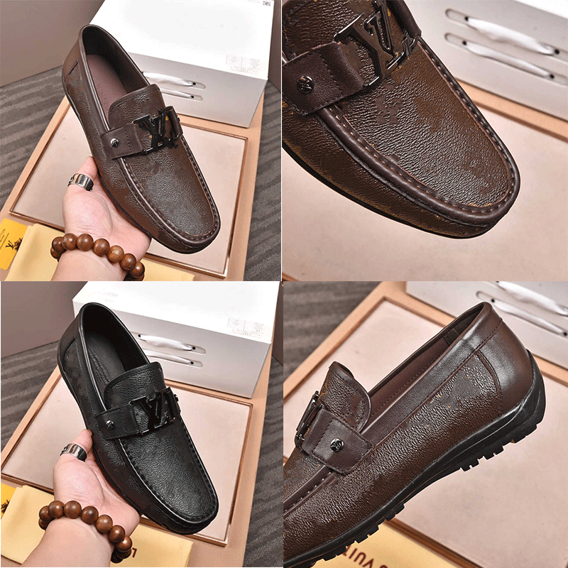 

High quality designer mens dress shoes leather Metal snap Peas wedding Shoe Fashion Flats driving sneakers Original box E6mL#, Black