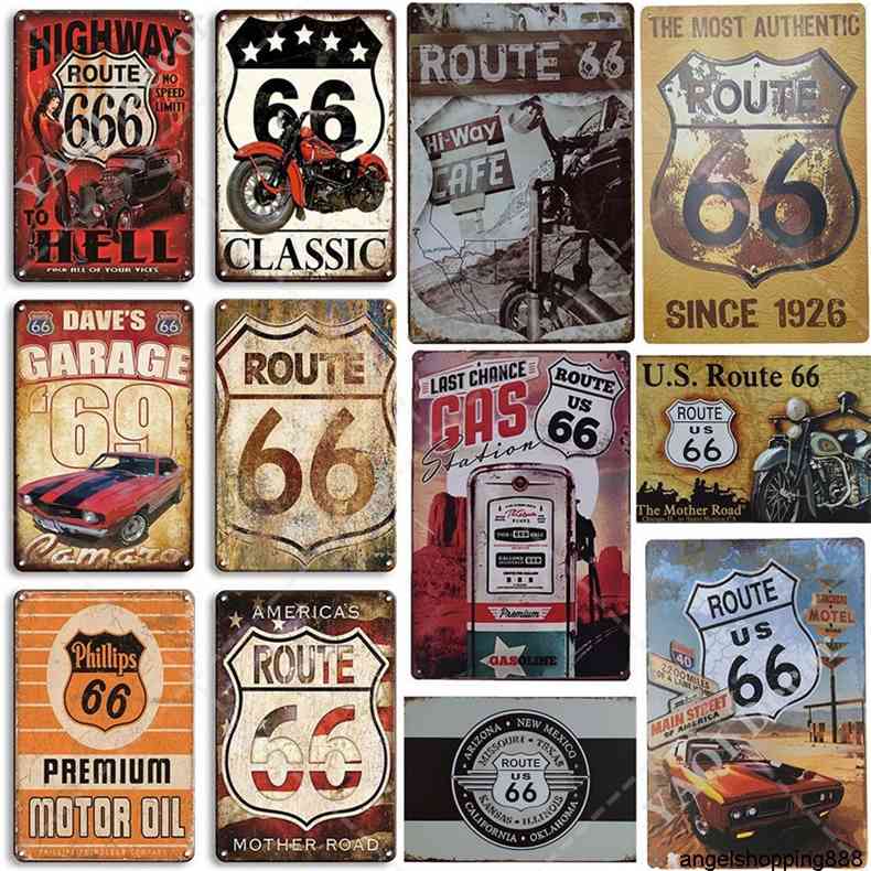 

Route 66 Tin Sign Plaque Metal Vintage Retro Garage Wall Decor for Bar Pub Club Man Cave Gas Stationa