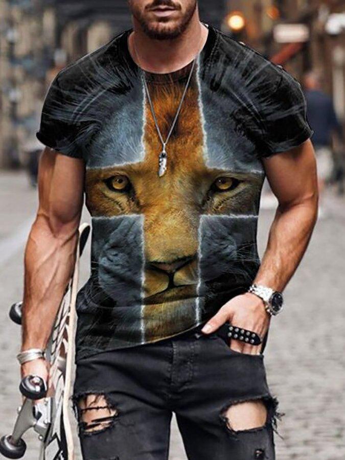 

Big lion pattern 3D printing T-shirt visual impact party shirt punk gothic round neck high quality American muscle style short sleeves, Black