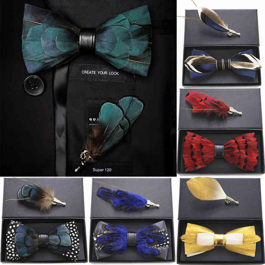 

Ricnais Natural Bird Feather Brooch bow tie set Exquisite handmade Bowtie For Mens Bridegroom Accessories With Box Gift Bule, Blue;purple