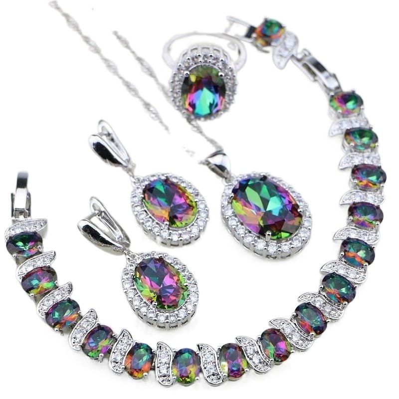 

Earrings & Necklace 4 Pieces/set Of Romantic And Fashionable Colorful Crystal Women's Luxury Wedding Bracelet Ring Jewelry, Silver