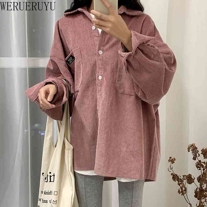 

WERUERUYU Women Corduroy Batwing Sleeve Vintage Blouse Turn-Down Collar Loose Top Button Pink Shirt Feminina 210608, Photo color