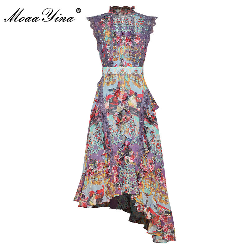 

Fashion Designer dress Summer Women's Dress Stand Collar Multicolor Print Ruffles Beading Vintage Asymmetrical Dresses 210524, Multi