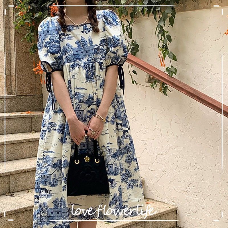 

Short Sleeve Vingate Dress Women Square Collar Elegant Casual Dress Bandage Design Beach Dress Korean Summer Chic 210521, As picture