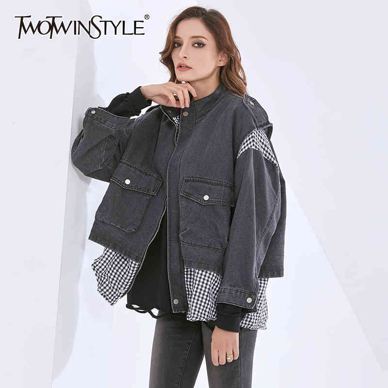 

Black Plaid Denim Jackets For Women Lapel Collar Long Sleeve Oversized Loose Coats Female Autumn Fashion 210524