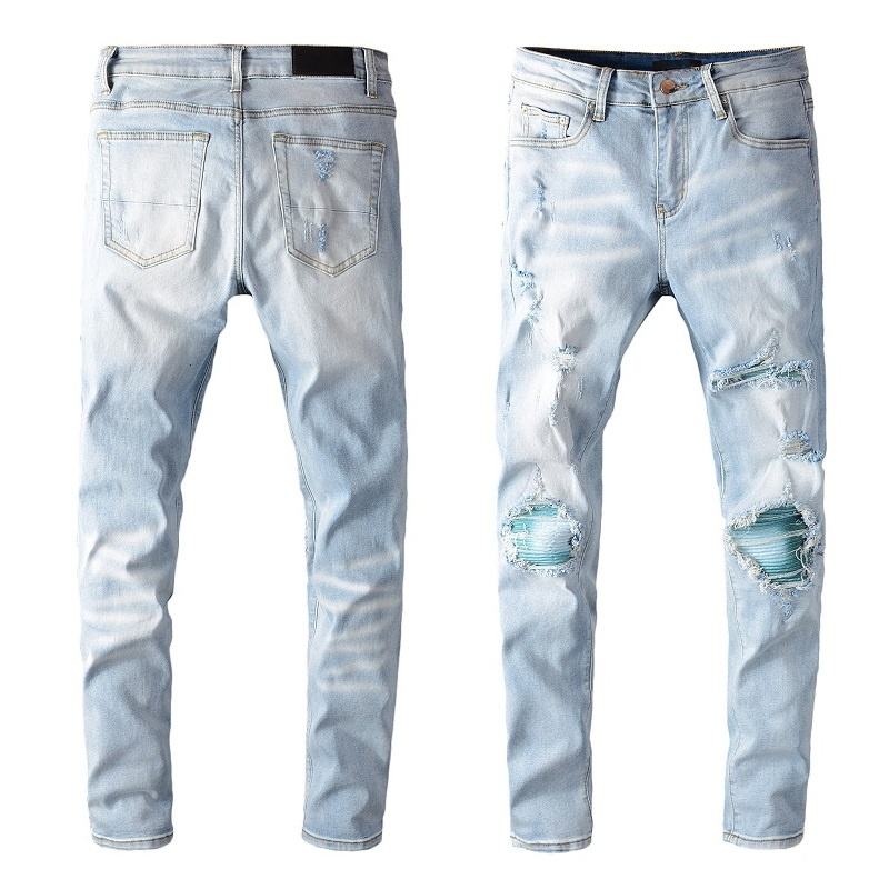 

Mens Jeans Lilght Blue Ripped Hole Skinny Slim High Quality Hip Hop Denim Pants Fashion Trouses