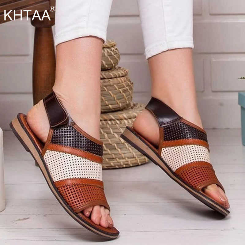 

Women Flat Sandals Hollow Out Hook Loop PU Leather Ladies Slingbacks Summer Shoes Woman Peep Toe Casual Rome Female 210608, White