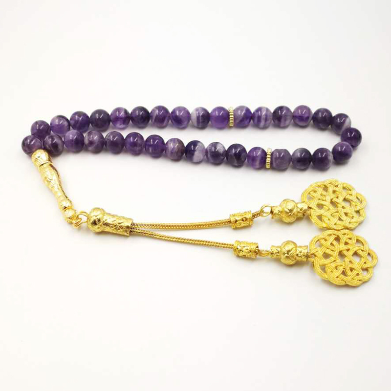 

Natural Amethysts Tasbih Style Islam bracelets for women Gold Turkish tassel Muslim Luxury lady rosary Jewelry gift