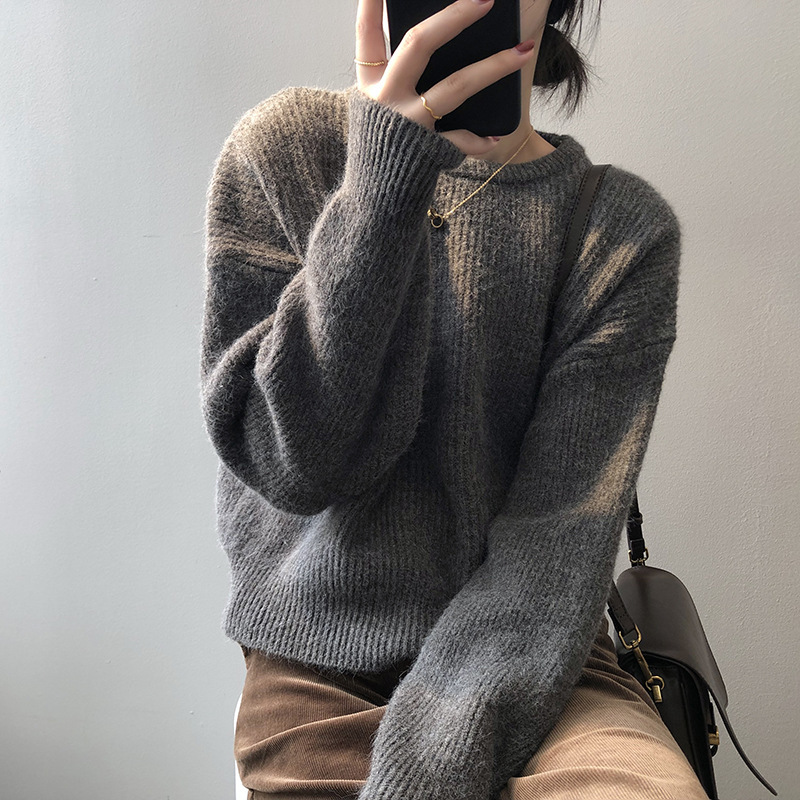 

Autumn Winter Warm Soft Waxy Sweater Women's Oversized Jumper Pullover Striped O Neck Solid Color Tops For Fashion 210520, Gray