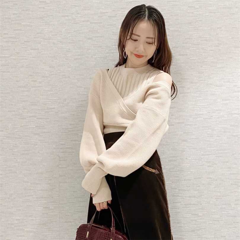 

Vintage Sexy Shoulder Strapless Knit Sweater Women Pullover Long Sleeve Solid Pull Femme Spring Slim Fit Sueter Mujer 211018, Apricot