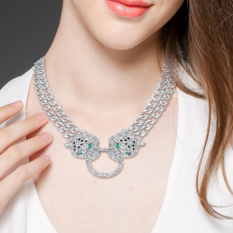 

Pendant Necklaces Fashion Jewelry Crystal Setting Chokers Necklace Double Layer Chain Leopard Head Women Gift Wholesale Silver