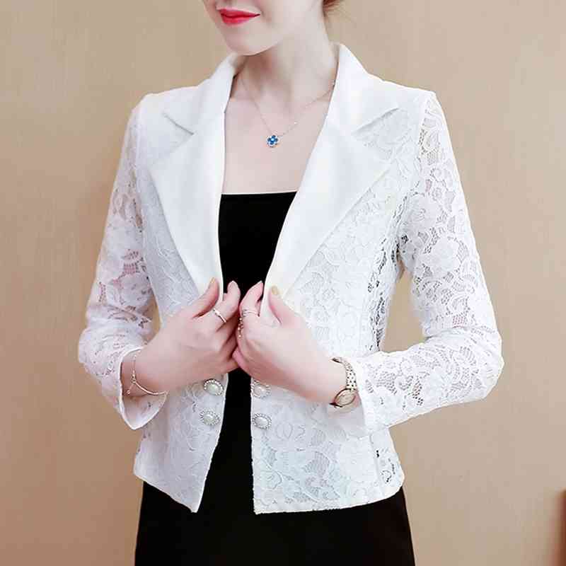 

Women Elegant Plus Size Short Jacket Spring Summer Patchwork Lace Coats Woman Turn Down Collar Slim White Outwear 210602