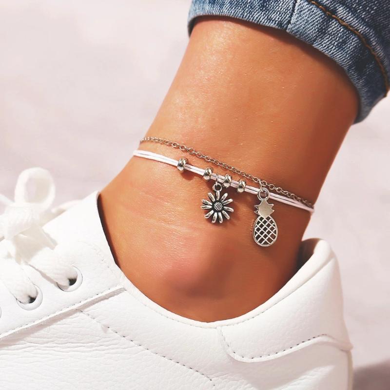 

Anklets Bohemian Sunflower Pineapple For Women Vintage Pendent Double Layer Anklet Foot Jewelry Gifts Drop, Red;blue
