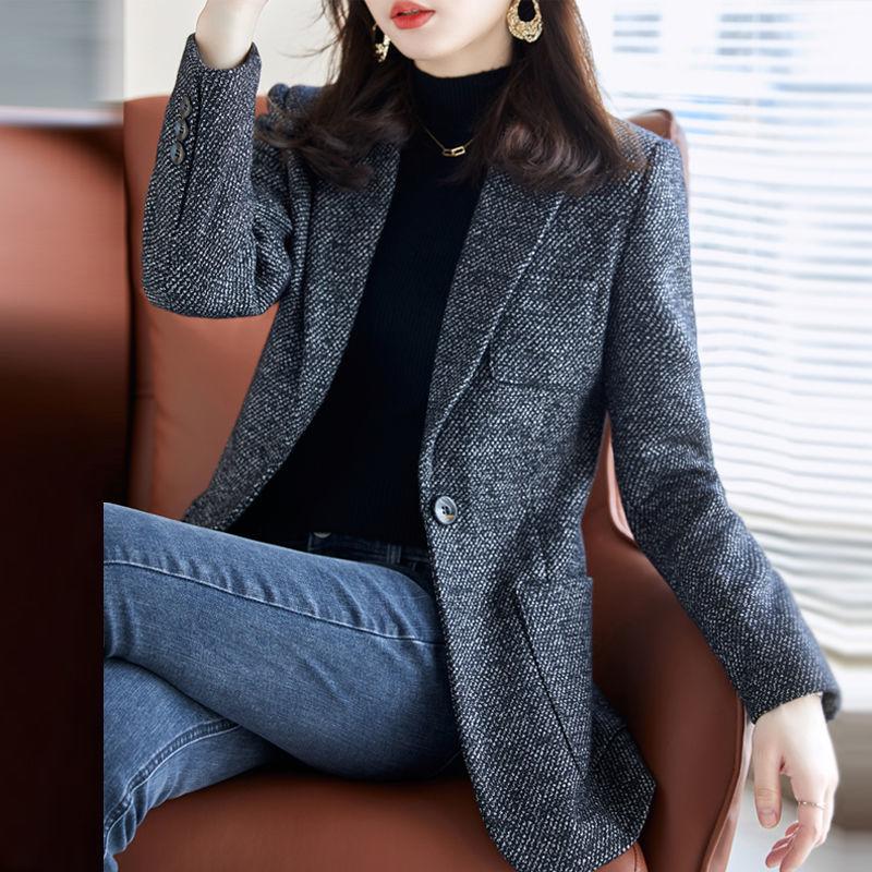 

Women' Suits & Blazers FTLZZ Autumn Winter Women Single Button Casual Fashion Long Sleeve Thickened Warm Wool Small Suit Coat Slim, Khaki
