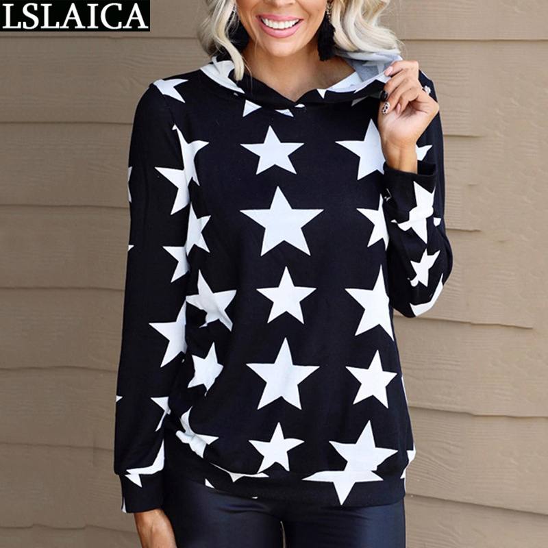 

Hoodies Women Five Pointed Star Print Fashion Arrival Sweatshirt Casual Loose Long Sleeve Elegant Tops for 210520, Black