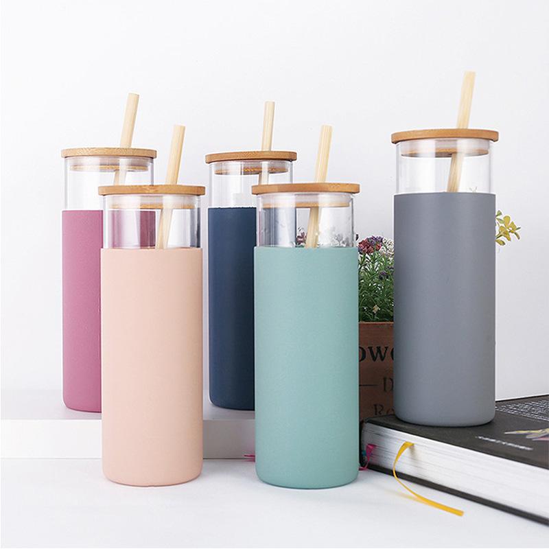 

5 Colors 500ml Glass Tumbler 16oz Glass Cup Travel Water Bottle With Silicone Protective Sleeve Bamboo Lid & Straws BPA, As pic show
