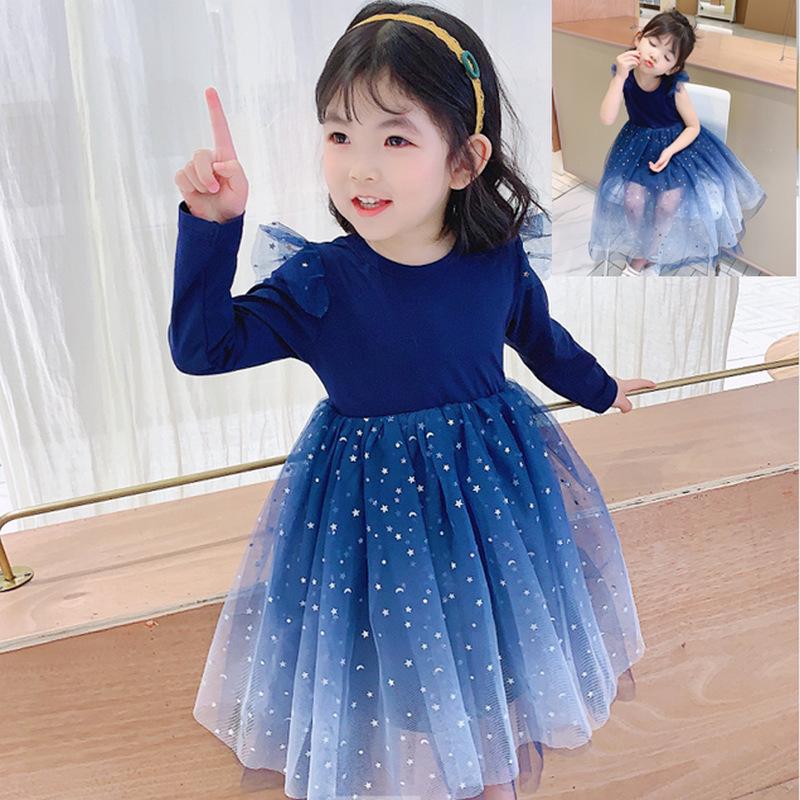 

Girl's Dresses Children Clothing Toddler Kids Starry Sky Sequined Princess Dress For Girls Fashion Mesh 3-8 Year, Blue