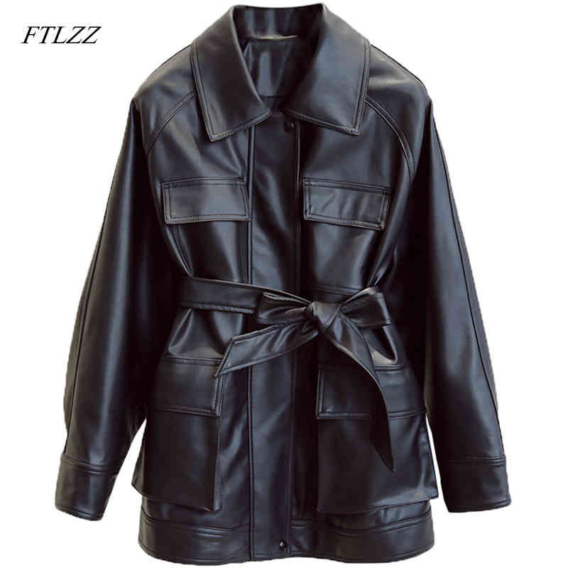 

FTLZZ Slim PU Coats Women Faux Leather Jackets Vintage Motor Biker Elegant Tie Belt Waist Pockets Buttons, Black