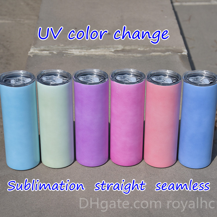 

UV color changing 20oz Straight Sublimation skinny Tumbler colors change seamless stainless steel cup Double vacuum insulation with straw&lid