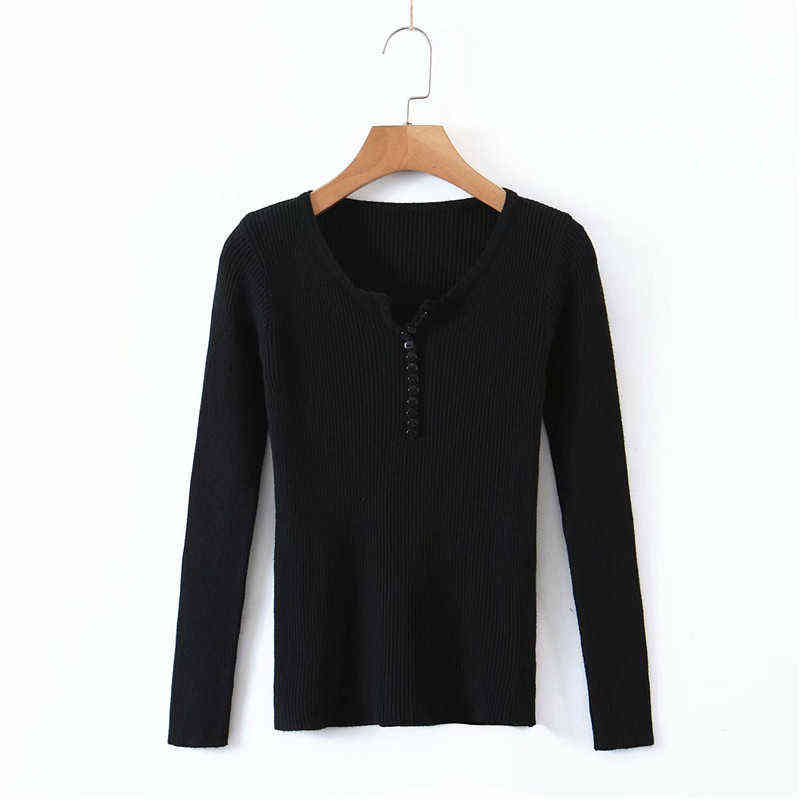

Evfer Autumn Sprint Women Casual Solid Knitted Pullover Tops Chic Lady Fashion Single Breasted V-Neck Long Sleeve Slim Sweaters Y1110, Black