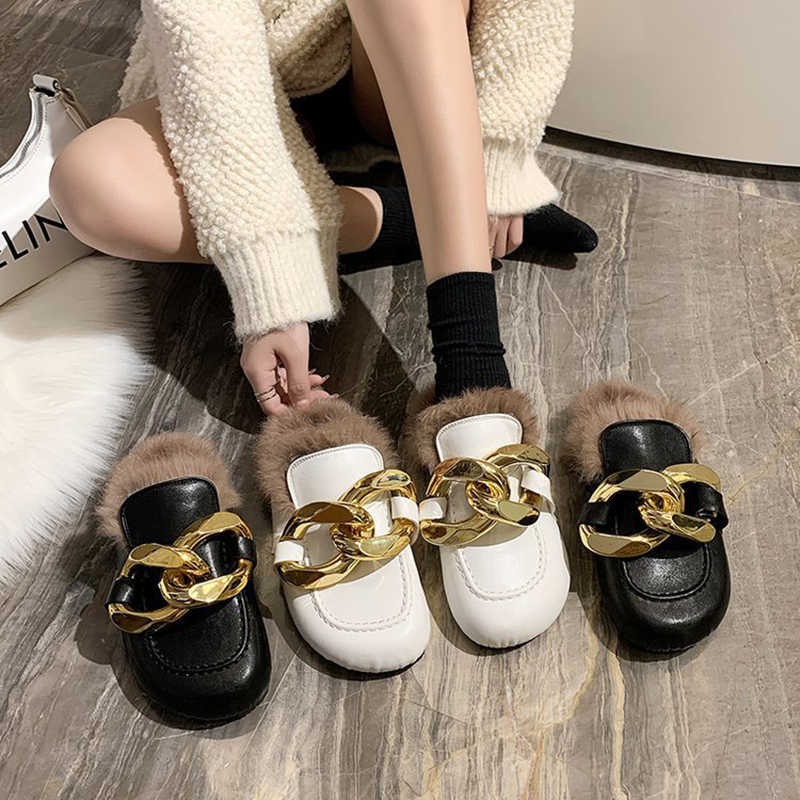 

Big Metal chain fur cork slippers women warm plush winter shoes woman fur mules thicken soled closed toe shearling slides 2021 X0925, White