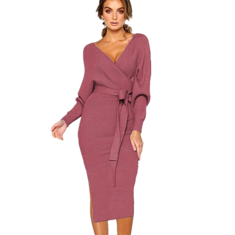 

Ladies Knitted Dress Autumn Sexy Casual Long Sleeve Fashion Party Plus Size Vintage Elegant Sweater Dresses For Women Female 211110, Gray