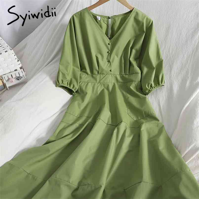 

Bow Lace Up Womens Dresses High Waist Zipper V-Neck Short Sleeve A-Line Solid Summer Korean Fashion Clothing 210607, Green