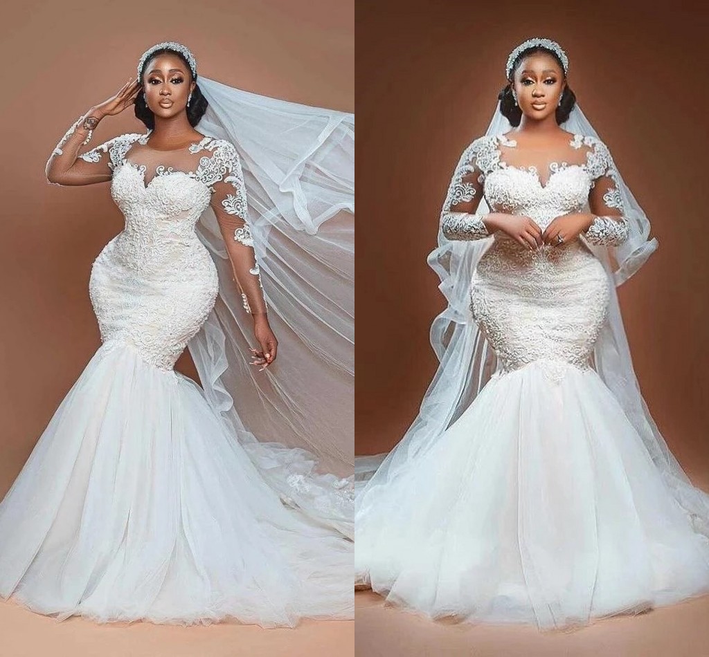 

2021 Vintage Ivory Mermaid Wedding Dress Lace Full Sleeve Appliqued Sweep Train Tulle Bridal Gowns Sheer O-Neck Arabic Aso Ebi Vestidos De Novia Plus Size AL9374, White