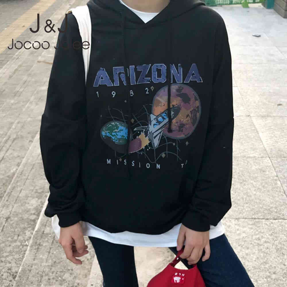 

Jocoo Jolee Women Vintage Black Star Airship Print Hoodies Casual Loose Hooded Sweatshirt Korean Harajuku Girts Hoodies 210518