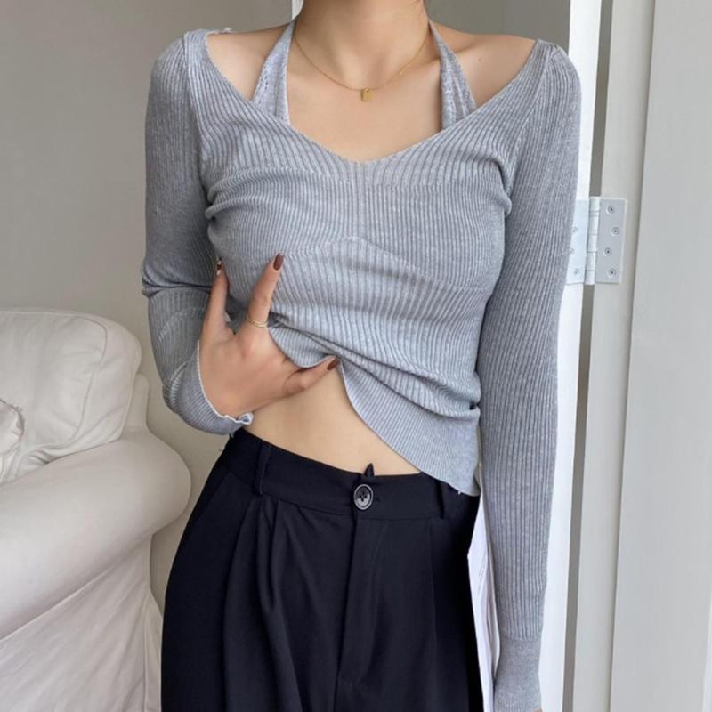 

Women's T-Shirt Sweater Long-sleeved Slim Halter Neck Bottoming Strapless Hollow Inner Knit Spring And Autumn Tops, White