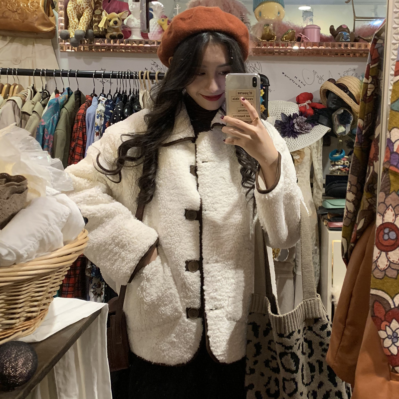 

2 colors 2021 autumn and winter korean style turn down collar solid color lamb Fur wool warm coats and jackets womens (C2156), Black;brown