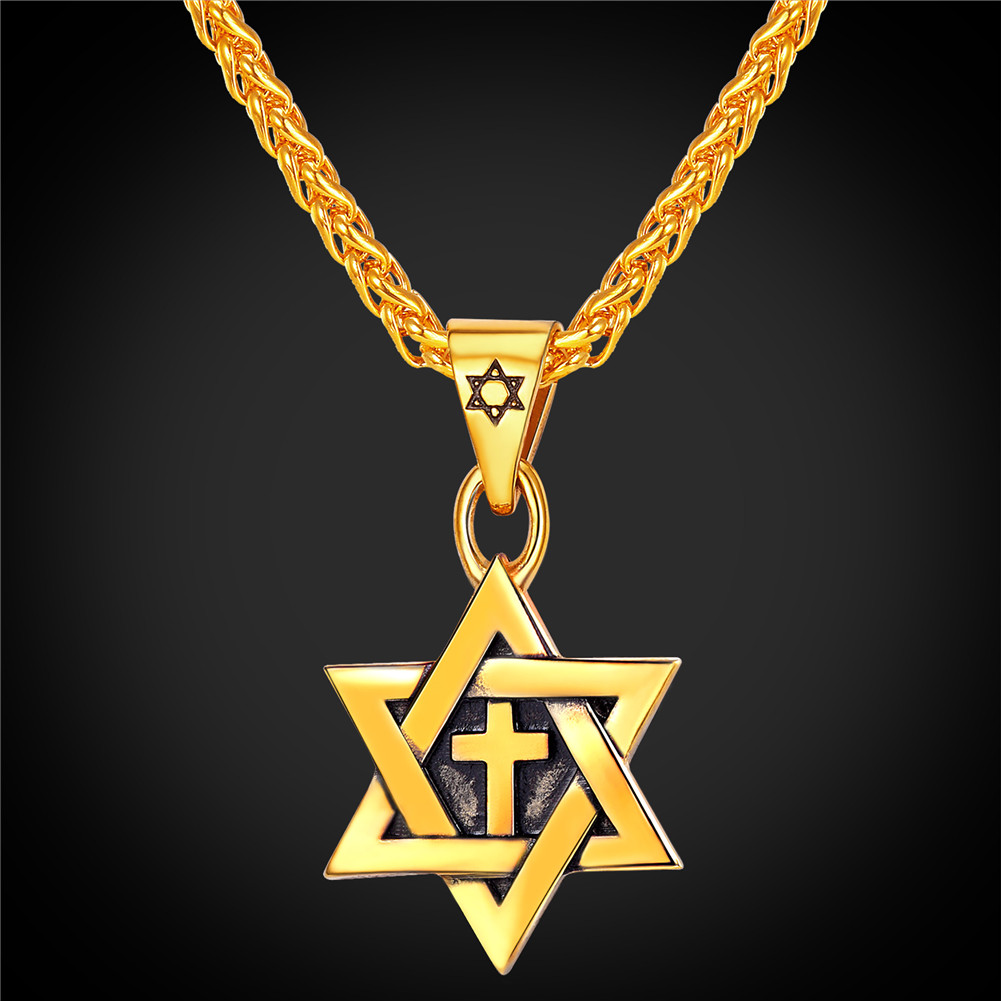 

Star of David Necklace Men Women Stainless Steel/18K Gold Plated Star Pendant Israel Necklaces,Vintage Symbol/Cross Design