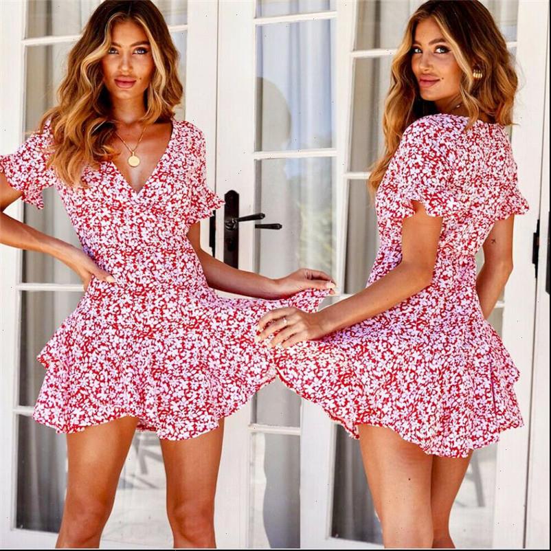 

sweet women dress summer floral mini flare sleeve v neck sundress ladies high waist ruffled swing dresses slim, Black;gray