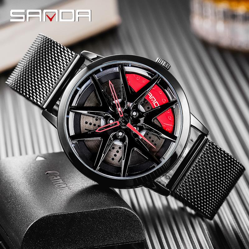 

Wristwatches SANDA Men's Wheel Watch Custom Design Sports Car Stainless Steel Mesh Racing Waterproof Creative Quartz, Blue green