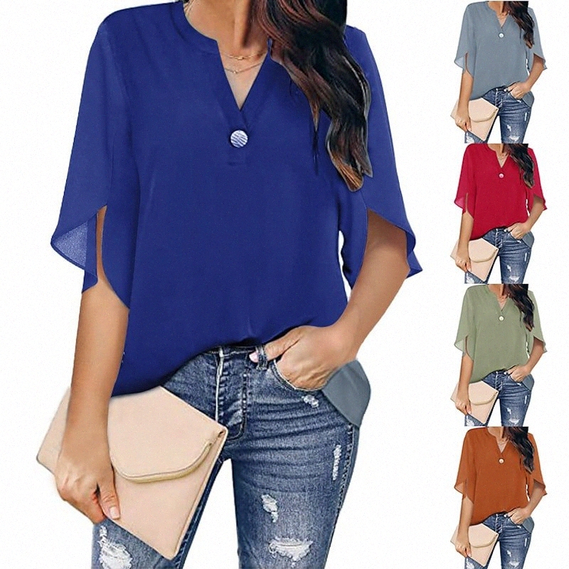 amazon women's summer european and american foreign trade women's short-sleeved casual solid color v-neck chiffon shirt 2022 new e1hW#-image-756011975