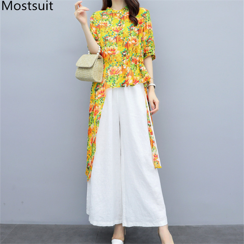 

Summer Fashion Two Piece Sets Women Printed Chiffon Long Tops + Linen Wide Leg Pants Suits Casual Female 2 Pcs 210518, Yellow