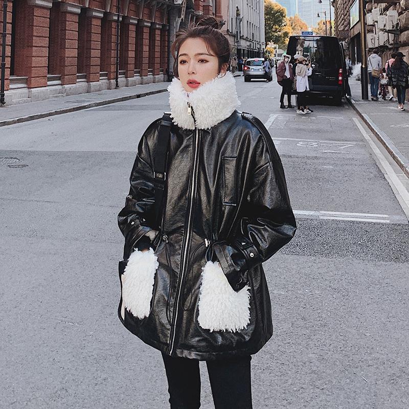 

Women's Leather & Faux 2022 Winter Fashion Loose Short PU Coats Female Stand Collar Warm Outwear Ladies Jackets U944, Black
