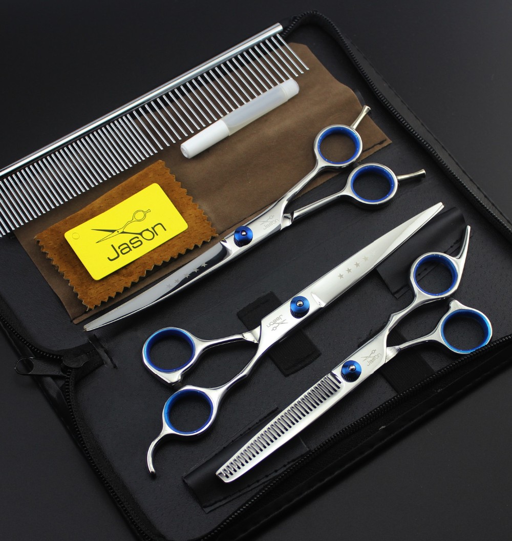 

Wholesale-7.0 inch Professional Pet Scissors Set Dog Grooming Shears Straight Thinning Curved Scissors JP440C Pet Hair Cutting 4pcs Kits