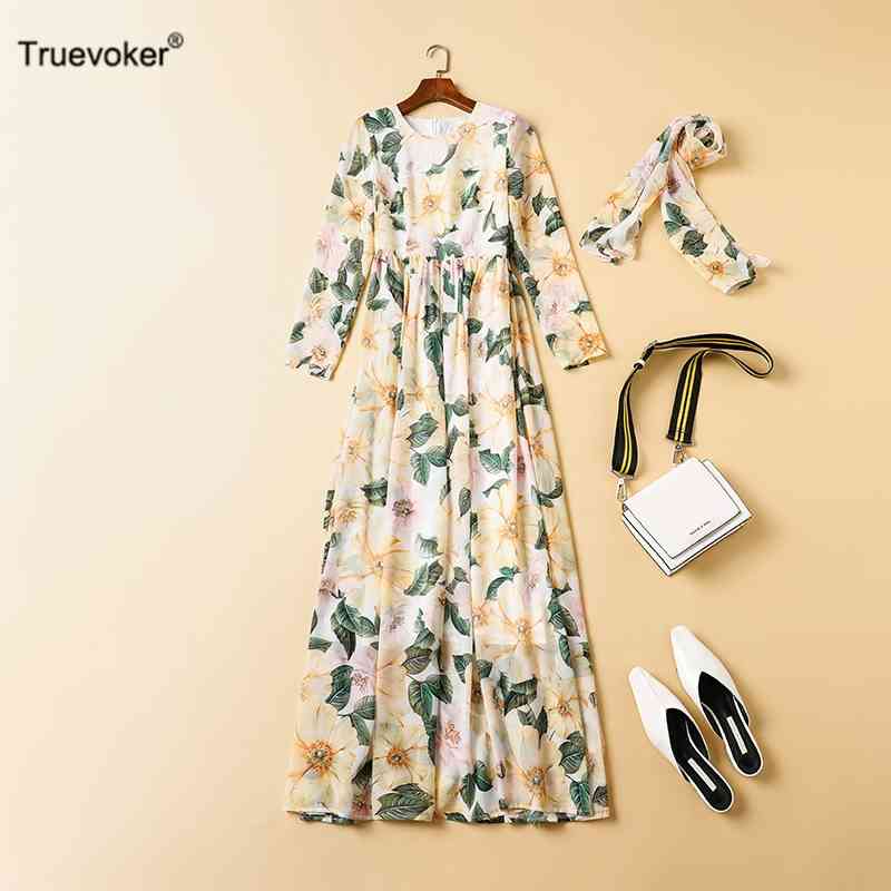 

Truevoker Spring Runway Fashion Holiday Maxi Long Dres' Full Sleeve Yellow Print Ankle Length Beach Robe 210602, Multi