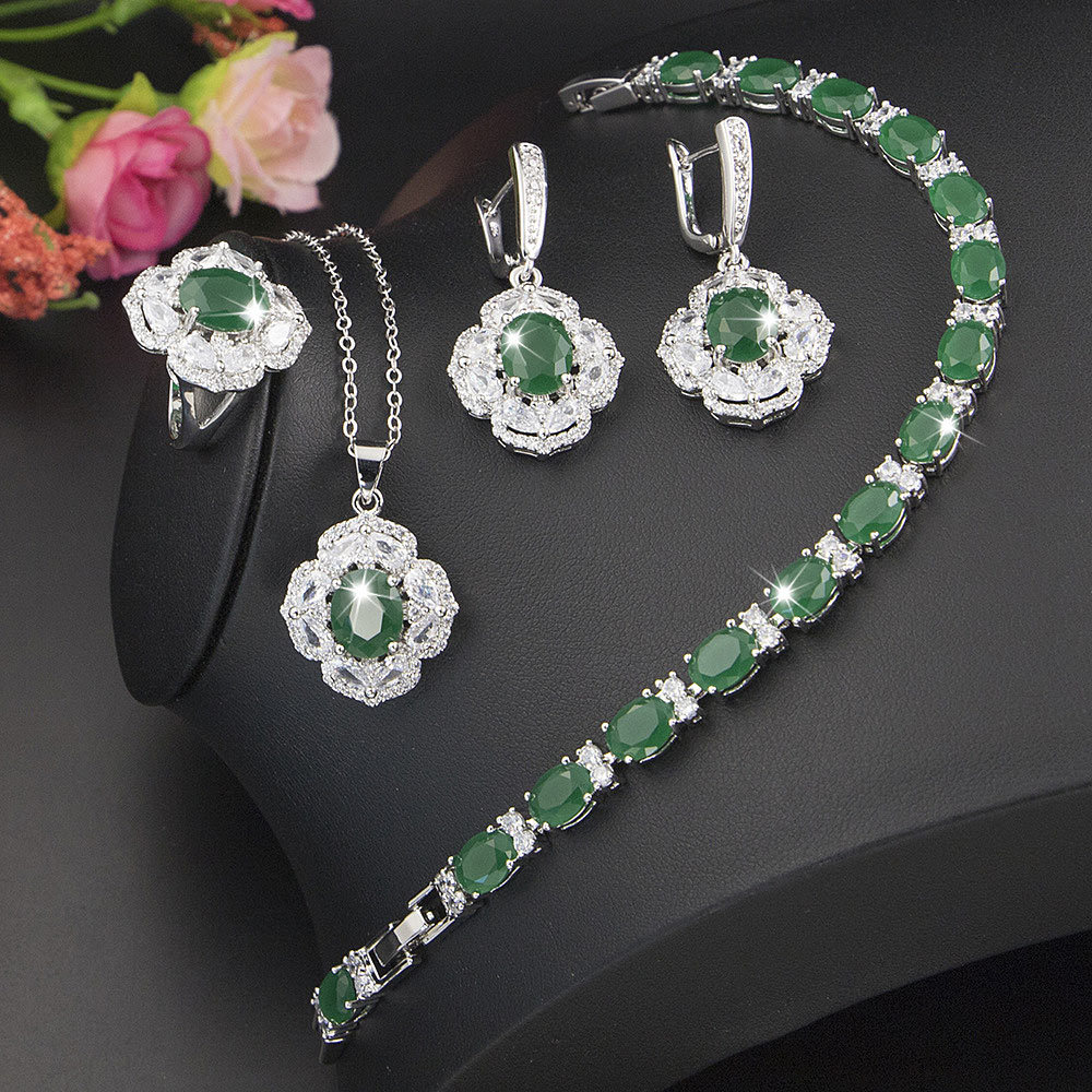 

Green Emerald Silver 925 Jewelry Sets For Women Earrings Pendants Ring, Purple