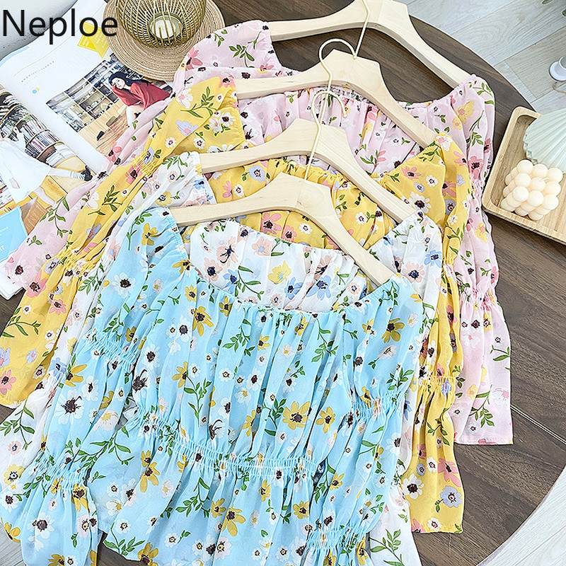 Neploe Women Tops Sweet Fashion Blouses Slash Neck Floral Flare Sleeve Shirts Short Chiffon Blusas Mujer De Moda Verano 210422