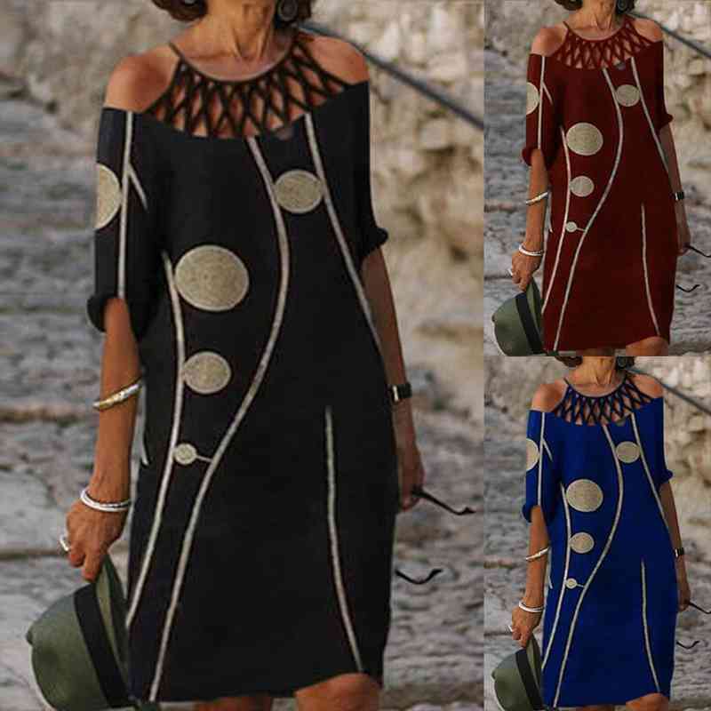 

plus size women fashion loose casual half sleeve hollow out floral print round neck summer dress, Black;gray