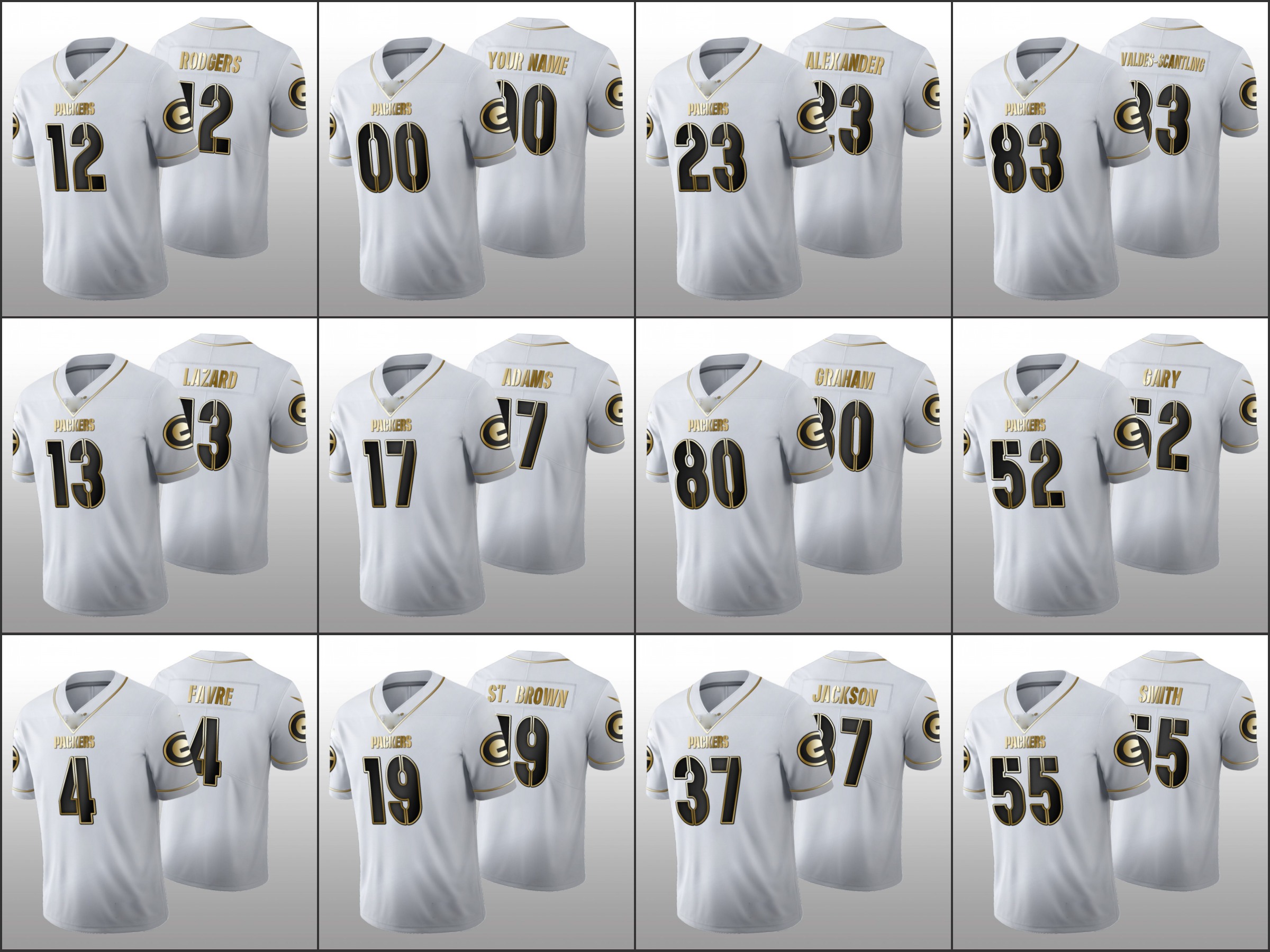 

Green BayPackersMen Women Youth #52 Rashan Gary 12 Aaron Rodgers 17 Davante Adams 33 Aaron Jones Custom 100th White Golden Edition Jersey, Black
