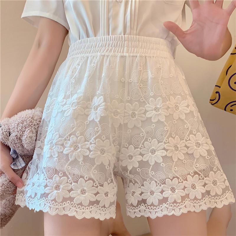

Women's Shorts Sweet White Underskirt Women Vintage Summer Wide Leg Loose Thin Solid Street Short Classic Lace Girls Chic Japan Style, Black